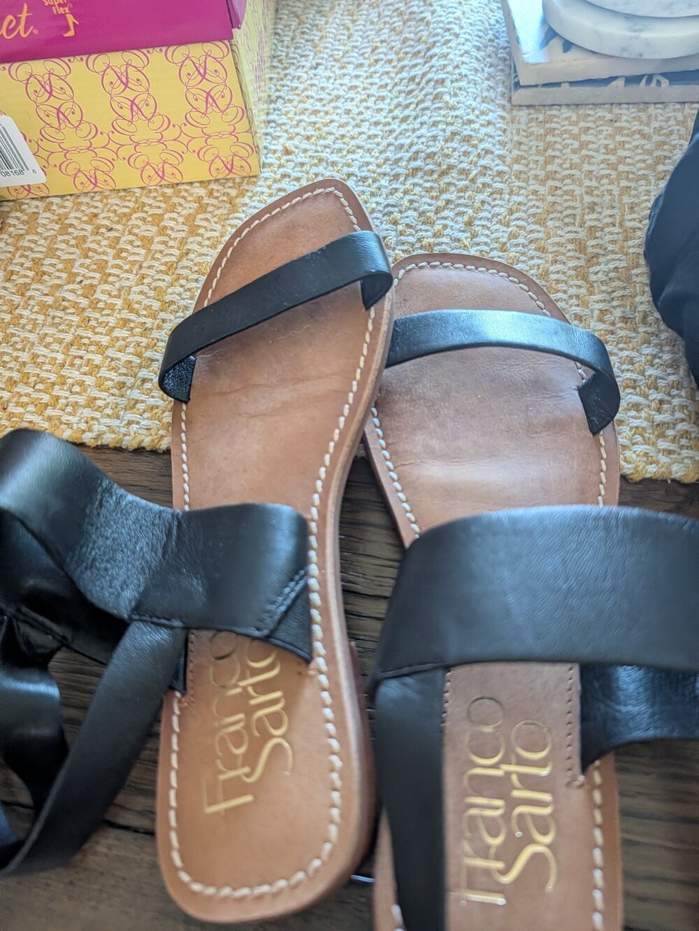 Franco Sarto Black and Brown Leather Slide Sandals